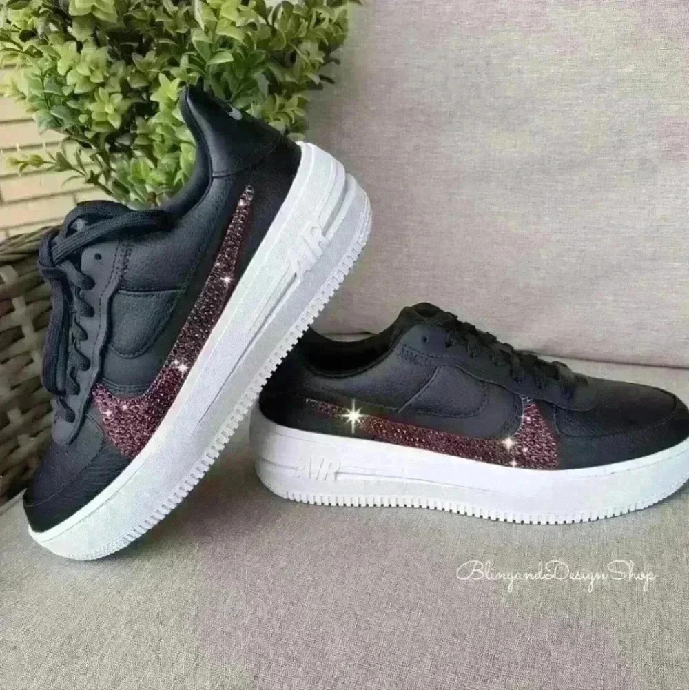 Womens Bling Nike Air Force 1 PLT.AF.ORM Black White Shoes Custom with Crystals - Picture 2 of 10